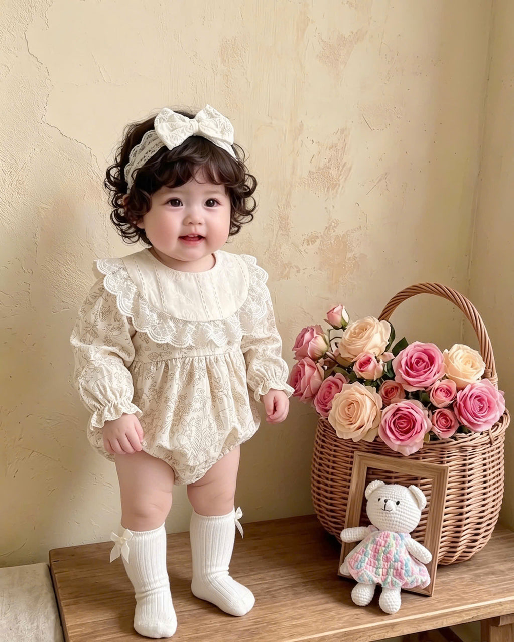 Vintage Lace Whisper Long Sleeve Romper NB–12M | Cotton Muslin Baby Romper | Photoshoot & Special Occasion Outfit