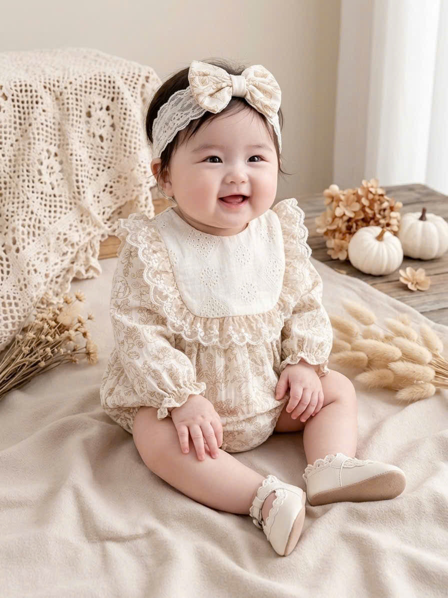 Vintage Lace Whisper Long Sleeve Romper NB–12M | Cotton Muslin Baby Romper | Photoshoot & Special Occasion Outfit