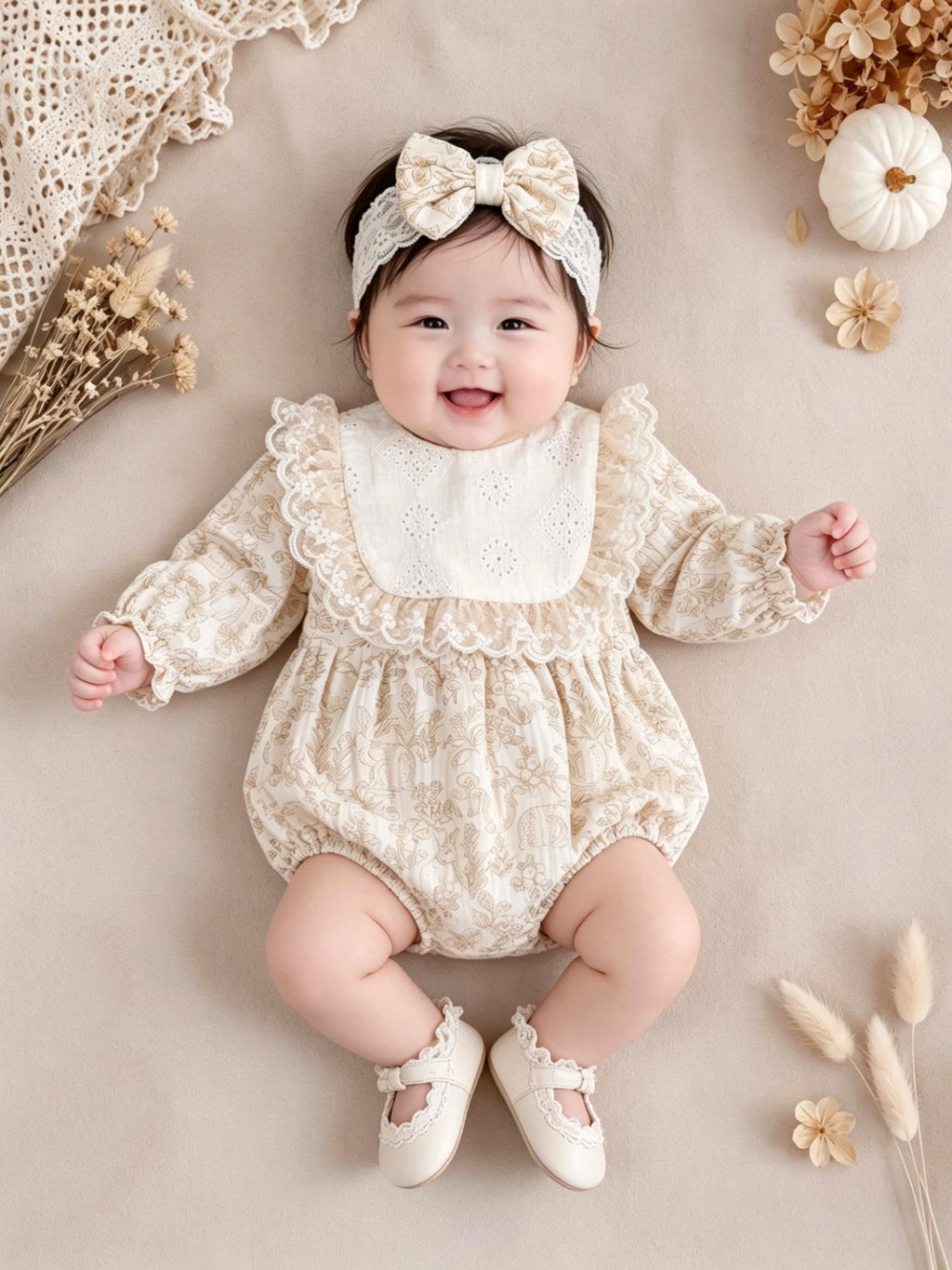 Vintage Lace Whisper Long Sleeve Romper NB–12M | Cotton Muslin Baby Romper | Photoshoot & Special Occasion Outfit