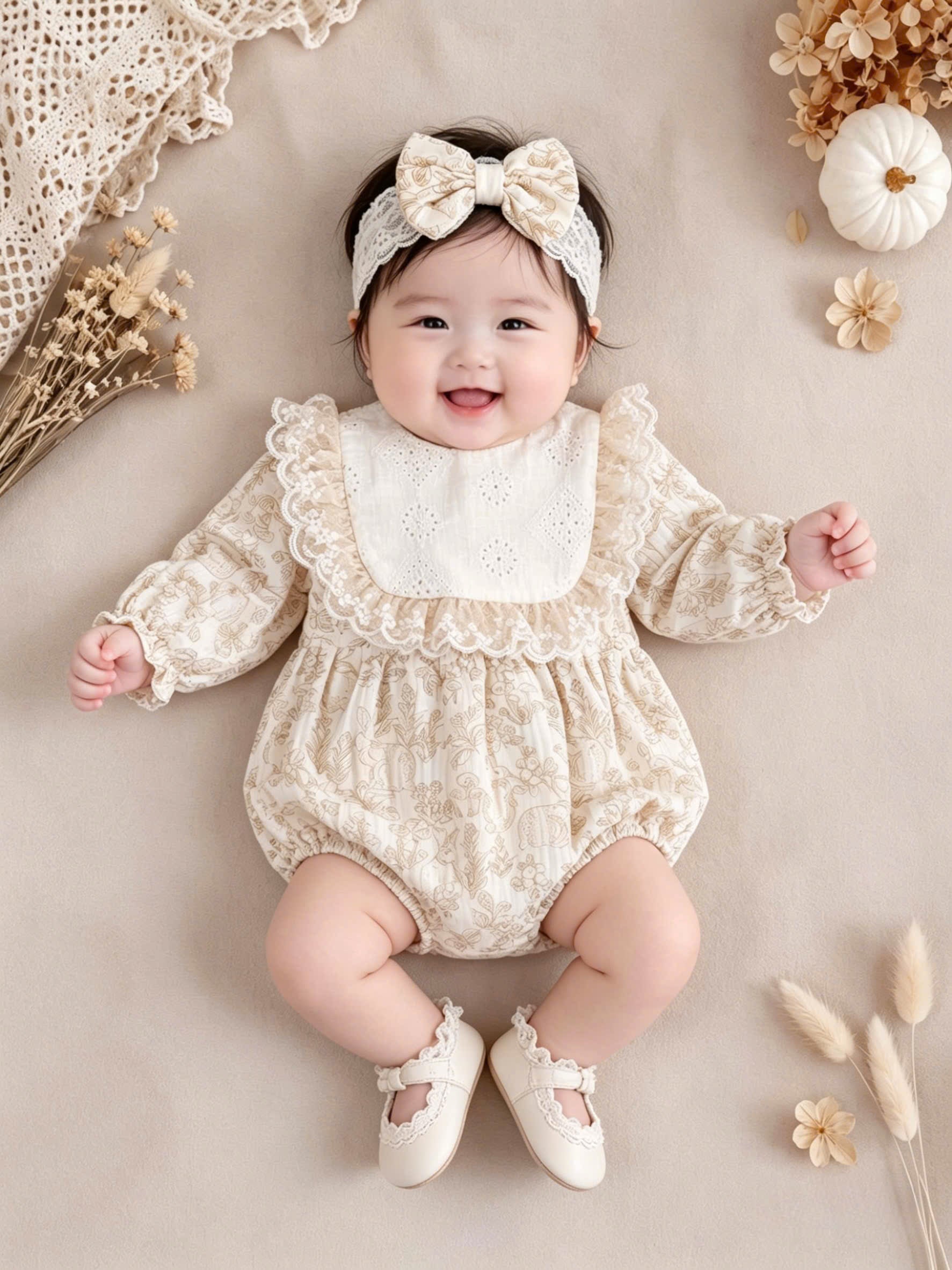 Vintage Lace Whisper Long Sleeve Romper NB–12M | Cotton Muslin Baby Romper | Photoshoot & Special Occasion Outfit