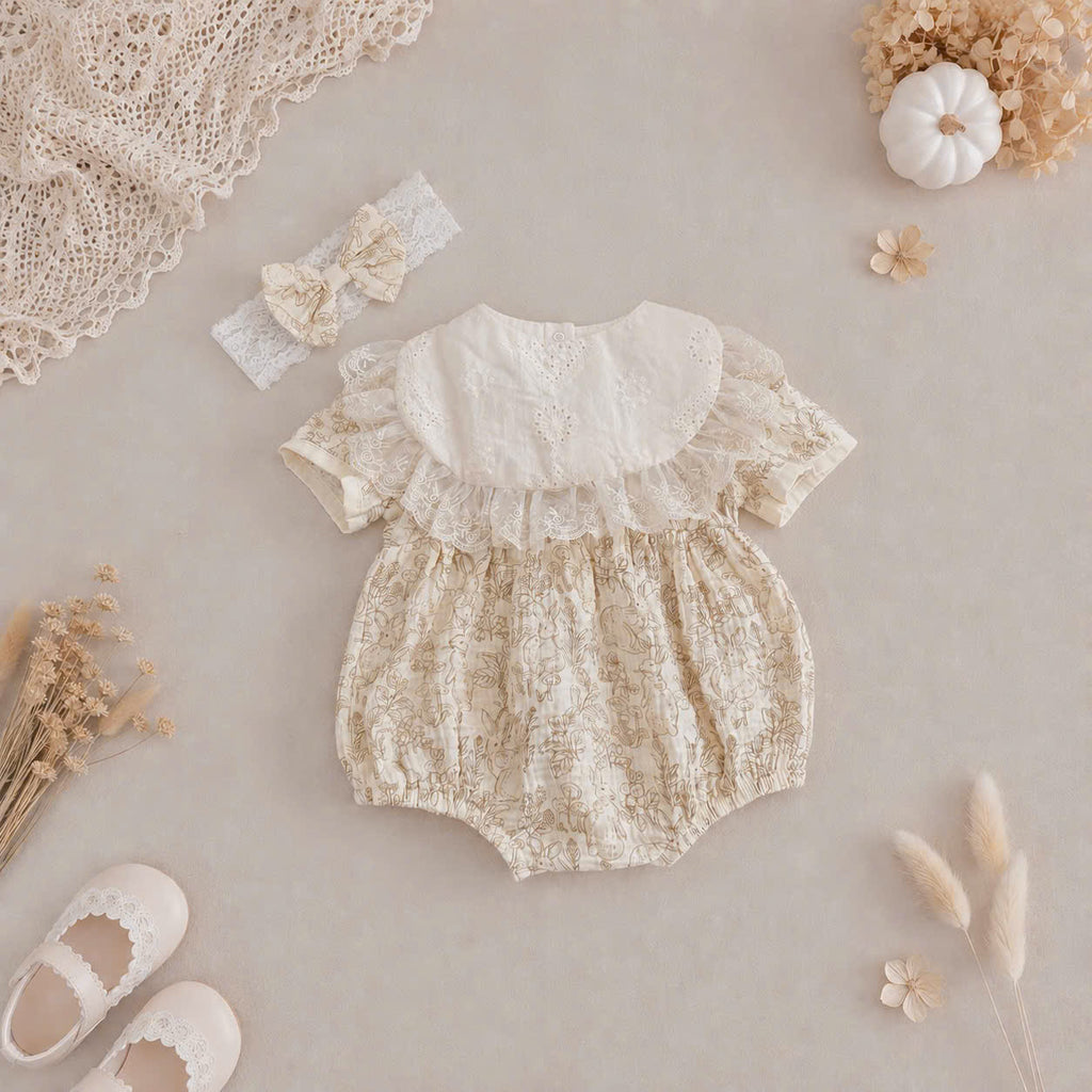 Vintage Lace Whisper Short Sleeve Romper NB–12M | Cotton Muslin Baby Romper with Bib & Headband | Photoshoot & Special Occasion Outfit