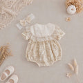 Vintage Lace Whisper Short Sleeve Romper NB–12M | Cotton Muslin Baby Romper with Bib & Headband | Photoshoot & Special Occasion Outfit