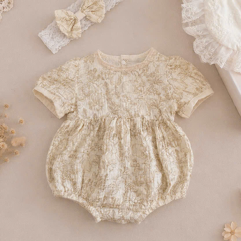 Vintage Lace Whisper Short Sleeve Romper NB–12M | Cotton Muslin Baby Romper with Bib & Headband | Photoshoot & Special Occasion Outfit