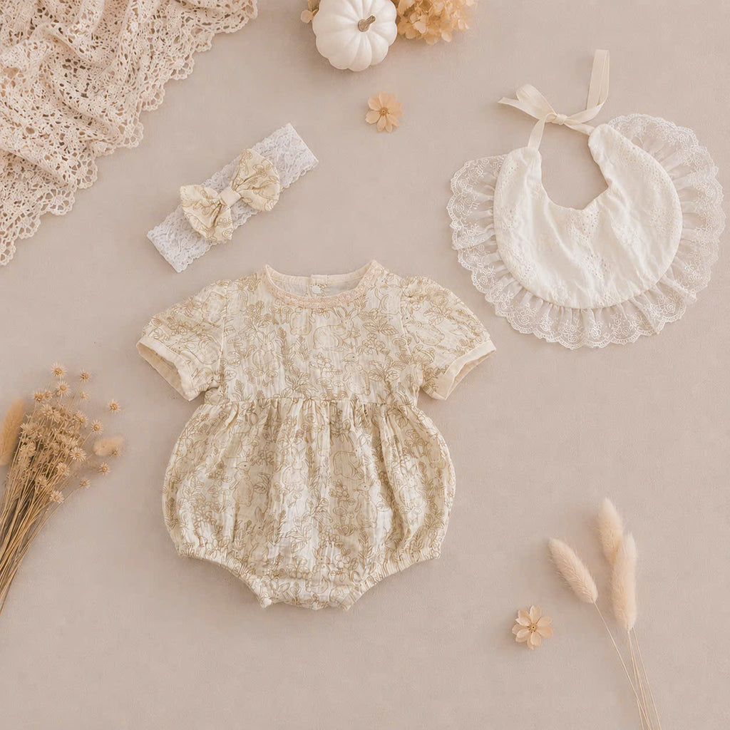 Vintage Lace Whisper Short Sleeve Romper NB–12M | Cotton Muslin Baby Romper with Bib & Headband | Photoshoot & Special Occasion Outfit