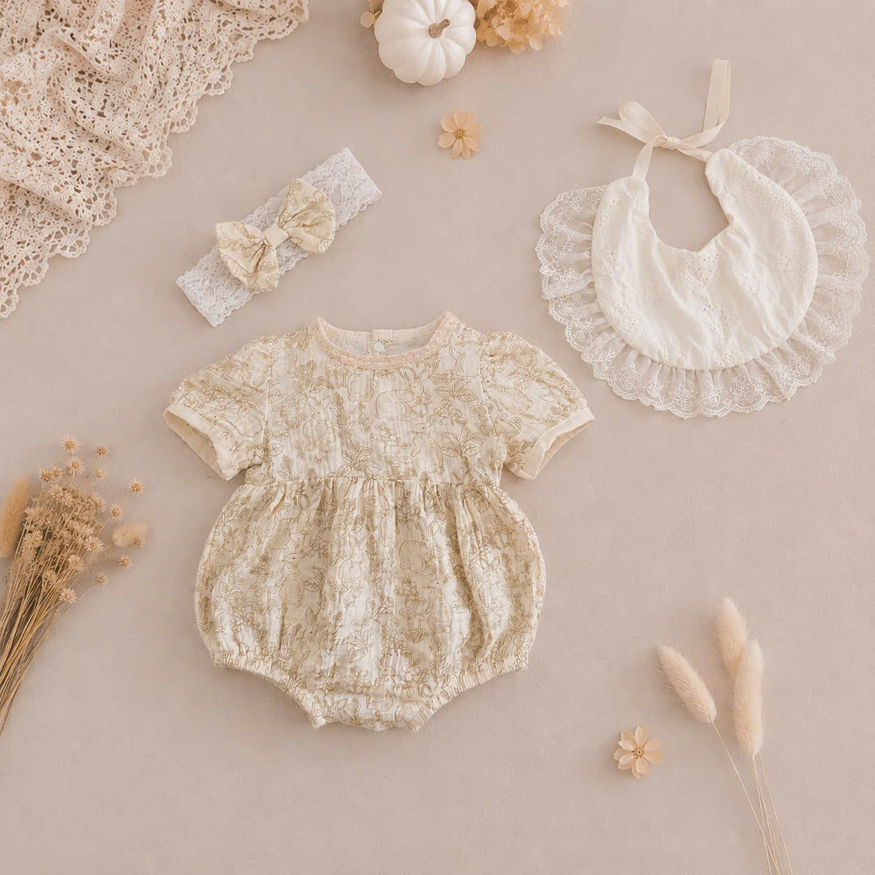 Vintage Lace Whisper Short Sleeve Romper NB–12M | Cotton Muslin Baby Romper with Bib & Headband | Photoshoot & Special Occasion Outfit