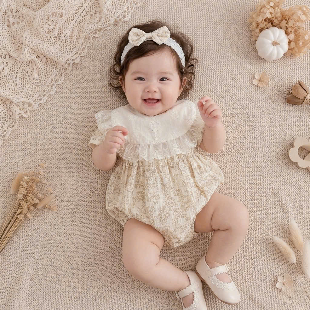 Vintage Lace Whisper Short Sleeve Romper NB–12M | Cotton Muslin Baby Romper with Bib & Headband | Photoshoot & Special Occasion Outfit