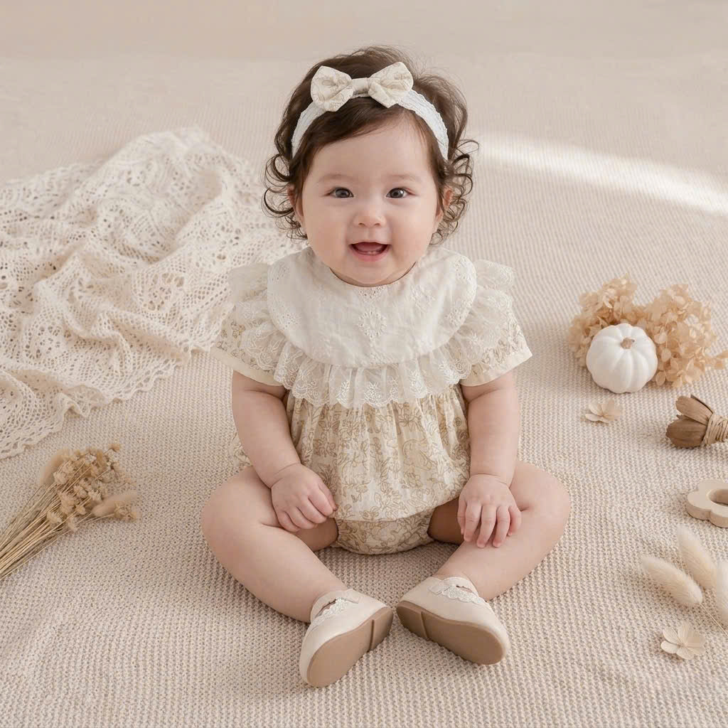 Vintage Lace Whisper Short Sleeve Romper NB–12M | Cotton Muslin Baby Romper with Bib & Headband | Photoshoot & Special Occasion Outfit