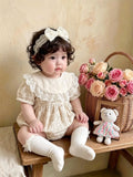 Vintage Lace Whisper Short Sleeve Romper Newborn–12Months | Cotton Muslin Baby Romper with Bib & Headband | Photoshoot & Special Occasion Outfit